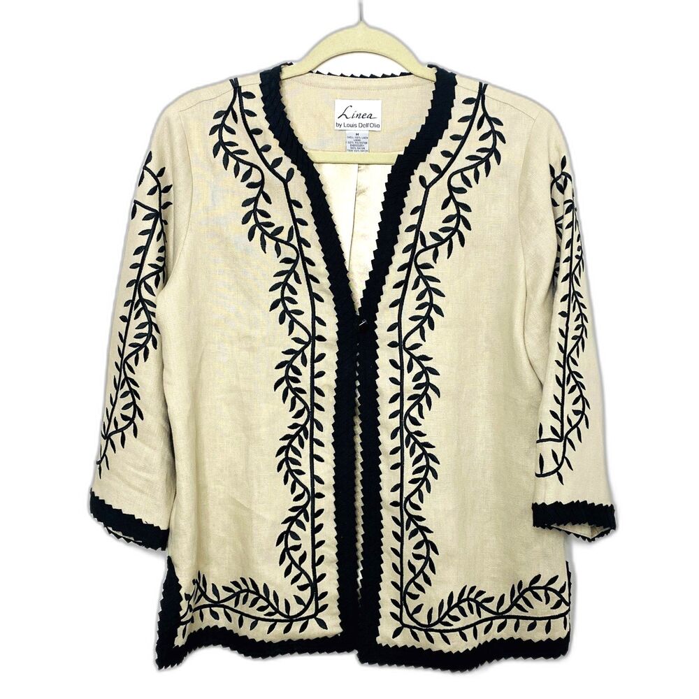 Linea by Louis Dell'Olio Linen Blazer Lined Embroidered Jacket Sz M
